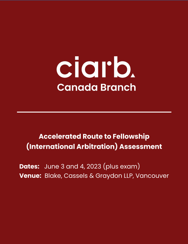 We are excited to announce that registration for the CIArb Canada Branch's first in person Accelerated Route to Fellowship Course in over three years is now open!

For program information and registration details, click here: bit.ly/4224uKg