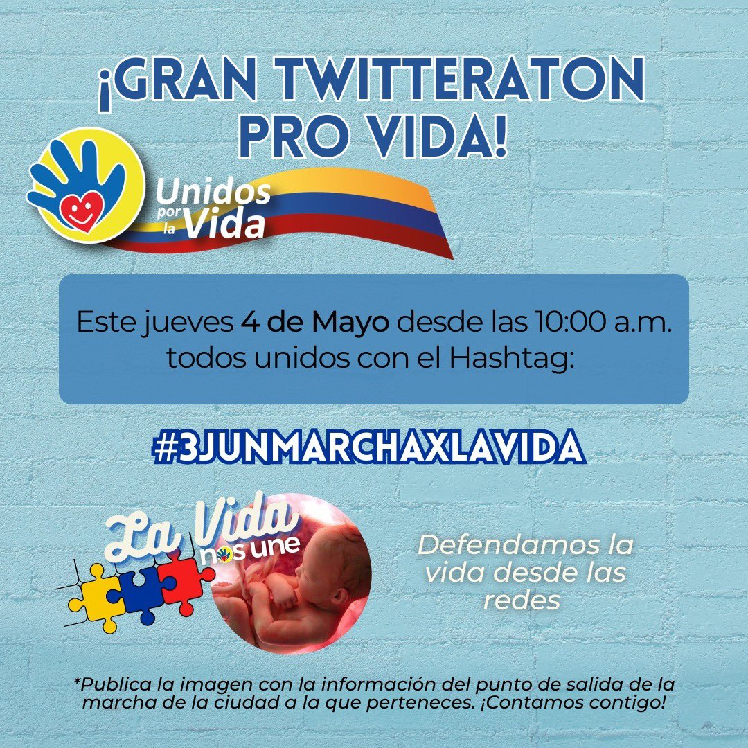 JdjMls's tweet photo. *¡Marchemos juntos por la vida!* 🇨🇴🩵

la información sobre la marcha de tu ciudad que podrás encontrar en: https://t.co/Z6QHLUnQWz 

@UnidosxlaVidaCo
#3JunMarchaXlaVida.

🩵_La vida nos une._🩵 https://t.co/NonGp6lFMv