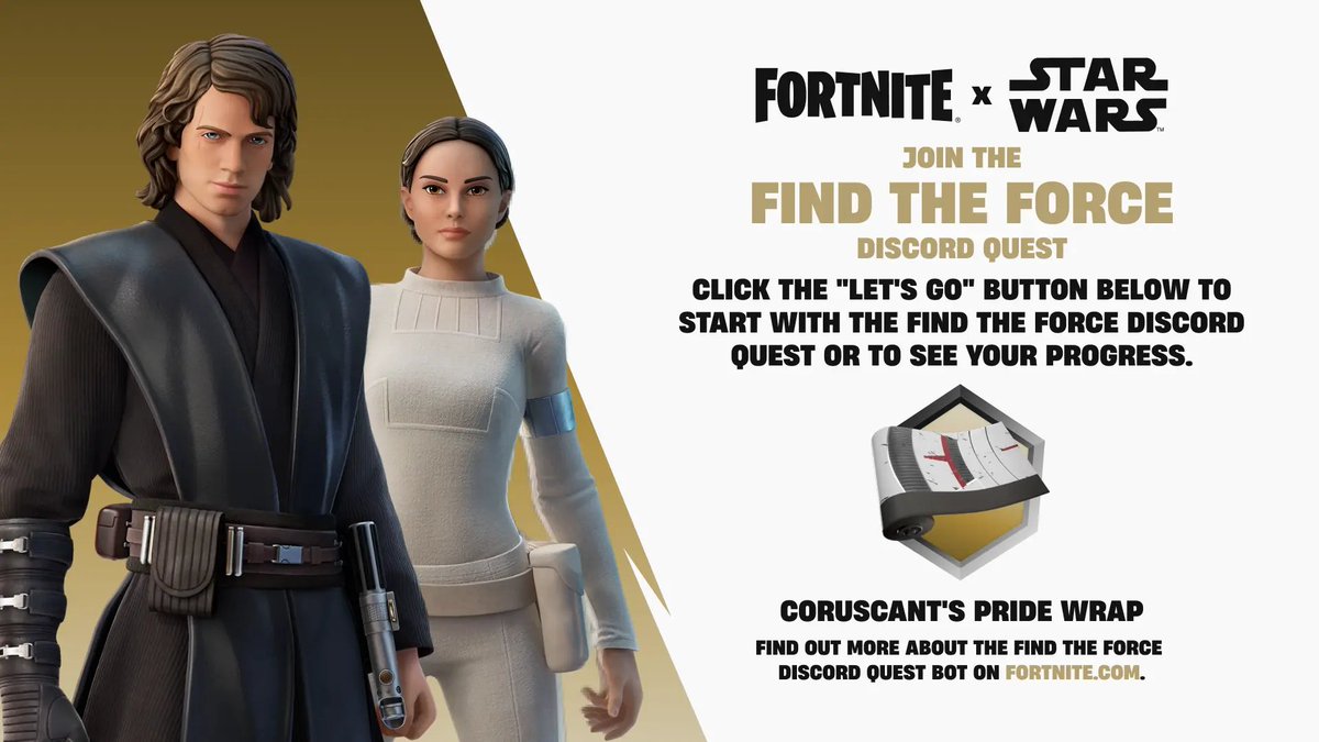 FireMonkey's tweet photo. The Find the Force Discord Quest consists of 2 tasks that you can complete at the same time and in any order.

Task 1
Reach top 10 in any Fortnite Battle Royale or Zero Build mode (Solo, Duos, Trios, or Squads). 

Task 2
Spend 15 minutes on voice chat in Discord in any Voice Channel on a Discord Server that has the Find the Force Discord Quest Bot installed.

Your task progress is updated automatically. It can take up to 60 minutes before the task progress is updated. You can use the "Update" button below to check your progress.