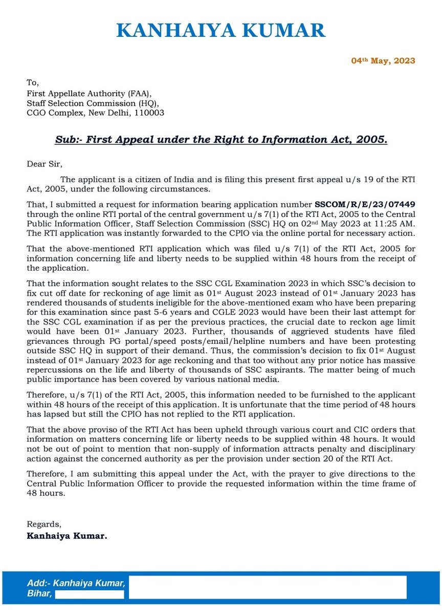 Kanhaiyablogs's tweet photo. Have filed 1st appeal u/s 19 of RTI Act in the #SSC_CGL_Age_Reckoning matter. 

Even after 48 hrs (deadline u/s 7.1), SSC is evading reply to some of the uncomfortable questions asked in the RTI concerning life &amp; liberty of thousands of aspirants.

साहब, जवाब तो देना पड़ेगा। https://t.co/egGI69aSPF