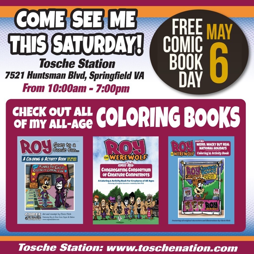 Free Comic Book Day is THIS SATURDAY!

It's great for kids of all ages. 
You know what's also great for kids of all ages? COLORING BOOKS!

And this Saturday at the Tosche Station in Springfield, Virginia, I will be doing monster caricatures and selling t… instagr.am/p/Cr03X0bMAfA/