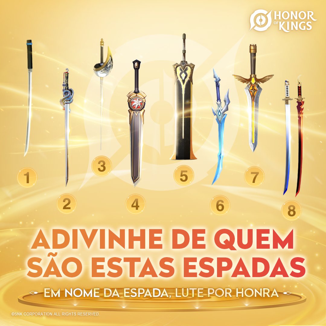 HoK_BR's tweet photo. Há muitos heróis em Honor of Kings que usam suas espadas para lutar pela honra.
Você reconhece essas espadas? Alguma delas é de seu main?
Há duas espadas de futuros espadachins da colaboração da SNK. 

#HonorofKingsBR #HonorofKings #HonorofKingsEspadachins #MeuMain https://t.co/tzijEOdm3i