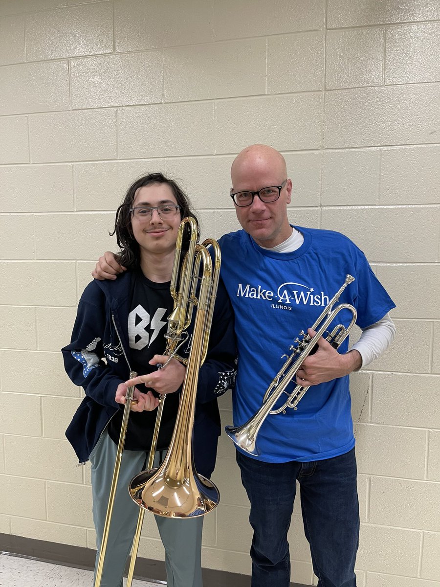 DJAlstadt's tweet photo. Sam Kagan’s wish came true! He is the new owner of an Edwards 454-HB Bass Trombone!! Thank you @EdwardsInstCo and @WishIllinois! A tour of the Edward Factory, thank you Jesse and owner Brett Getzen for rolling out the red carpet for one of our special Redhawks!! Just exceptional! https://t.co/B8s5sKDU5V
