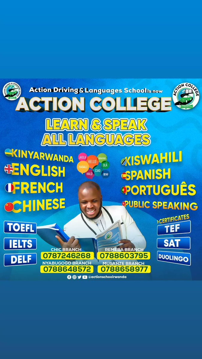 actionschoolrw1's tweet photo. Ese waba ugira inzozi zo kuvuga ururimi rw'amahanga udategwa? ACTION COLLEGE igufitiye igisubizo, mu gihe gito cyane uba umaze kuba ubukombe mu kuvuga ururimi nk'umwenegihugu.

Ukeneye ibisobanuro birambuye waduhamagara kuri 0787246268 / 0788603795 https://t.co/npH1QBd8pm