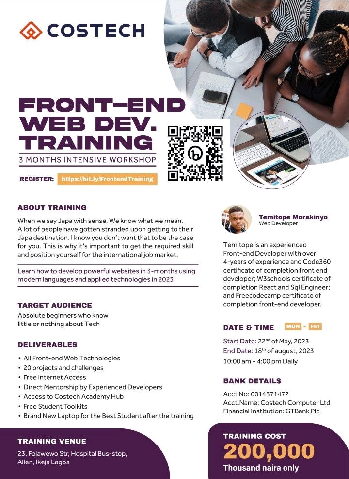 Learn how to develop powerful websites in 3 months using modern languages and applied technologies.
 
🎉You also stand a chance to win a brand-new laptop!

Register now: bit.ly/FrontendTraini…

For more inquiries, call us on +2348138639619
Email: info@costechcomputers.com.ng