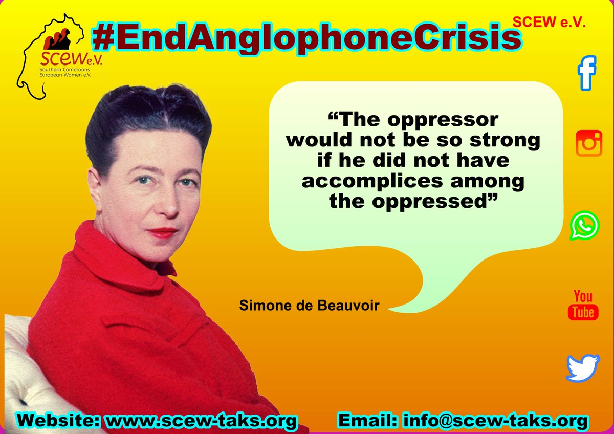 ScewTaks's tweet photo. “The oppressor would not be so strong if he did not have accomplices among the oppressed”.
Simone de Beauvoir
#EndAnglophoneCrisis and initiate #Peacetalks
#UnityIsStrength
#diasporawomeninaction #DWiA
#Womensrights
#Childrensrights
@melaniejoly @hrw @unsc @UN_HRC @SophieHRW @hrw https://t.co/2wzYj3q4Ao