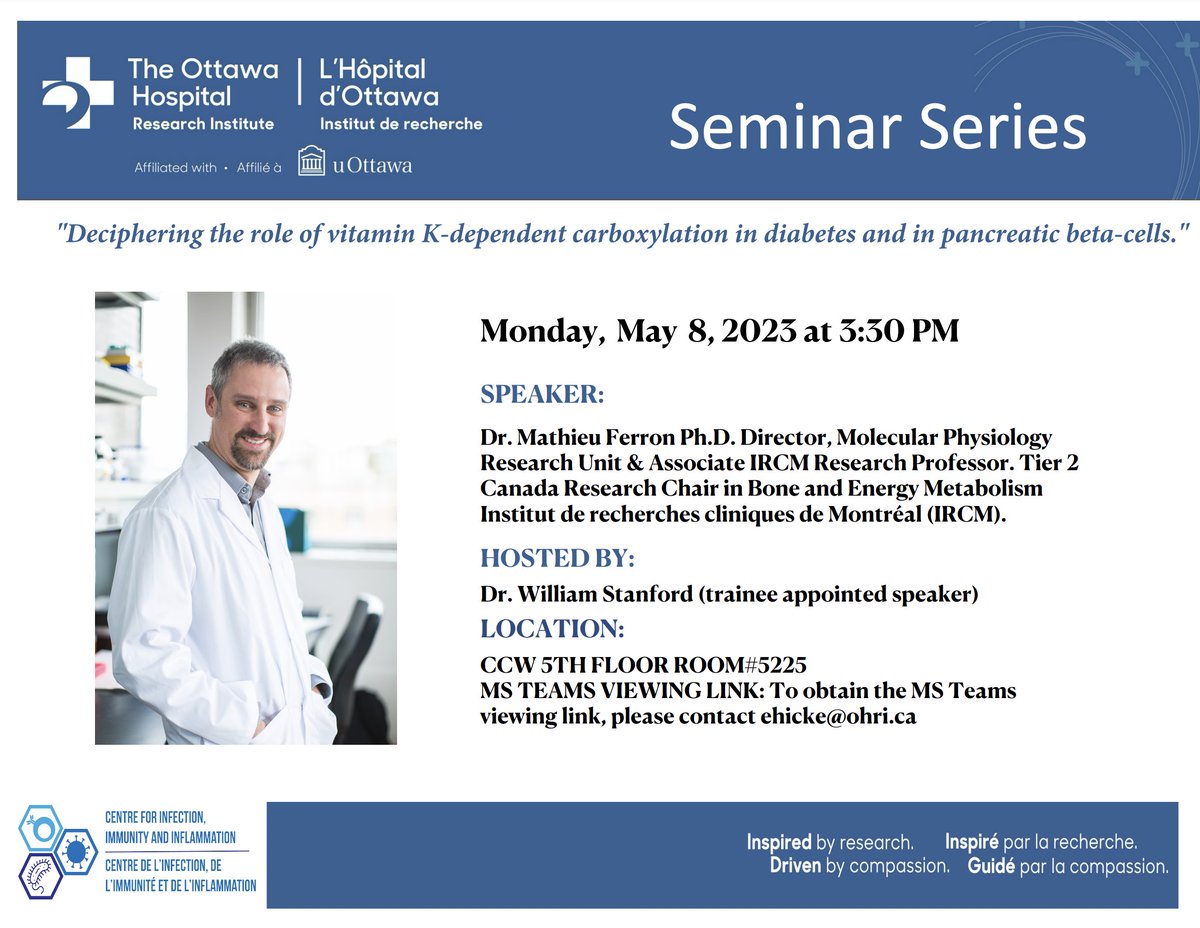 Next Monday I will be giving a seminar on vitamin K role in beta cell and diabetes, and meeting with students and researchers at the at the OHRI in Ottawa. Looking forward to it! <a href="/wlstanford_lab/">William Stanford Lab</a> <a href="/uOttawa/">Université d'Ottawa | University of Ottawa</a>