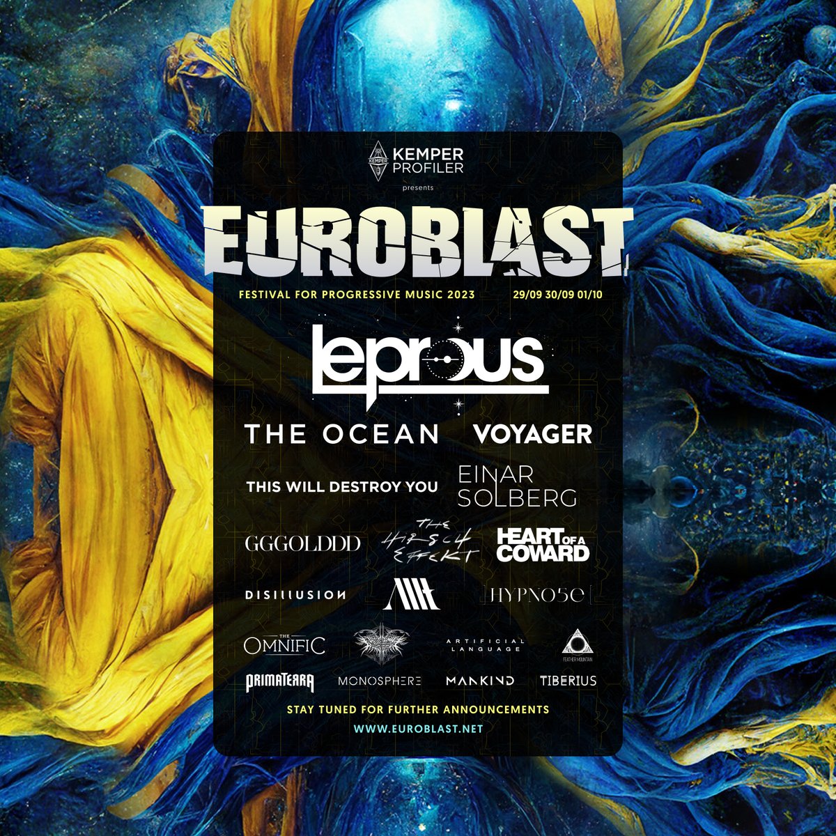 Euroblast Festival's first wave of bands is here, including: 

@leprousband 
@OceanCollective 
@_TWDY_
Einar Solberg 
@GGGOLDDDband 

🎟 tickets.euroblast.net

#EuroblastFestival2023 #Euroblast