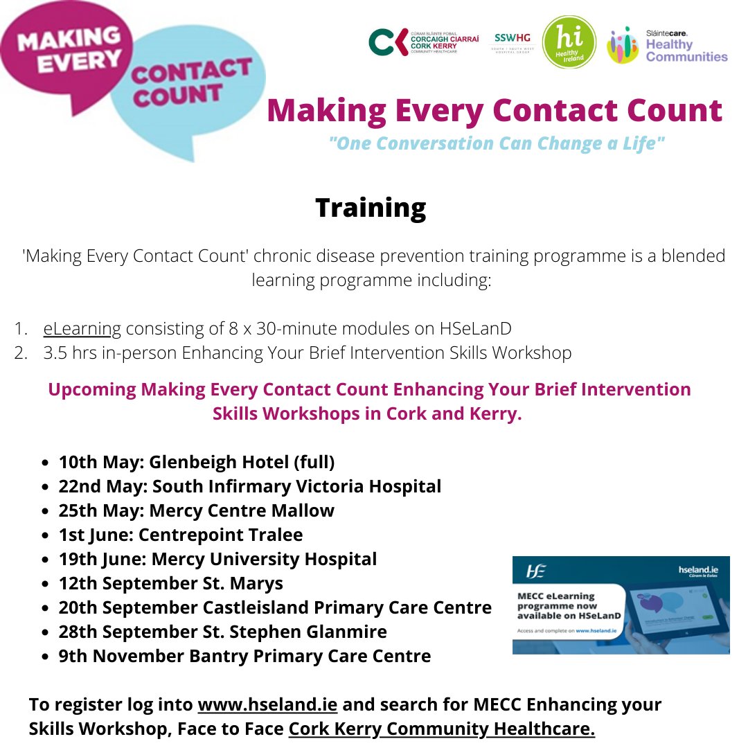 Lots of new #makingeverycontactcount  Enhancing Your Brief Intervention Skills workshops added for Cork and Kerry. Log onto hseland.ie to book yours.  #chronicdiseaseprevention