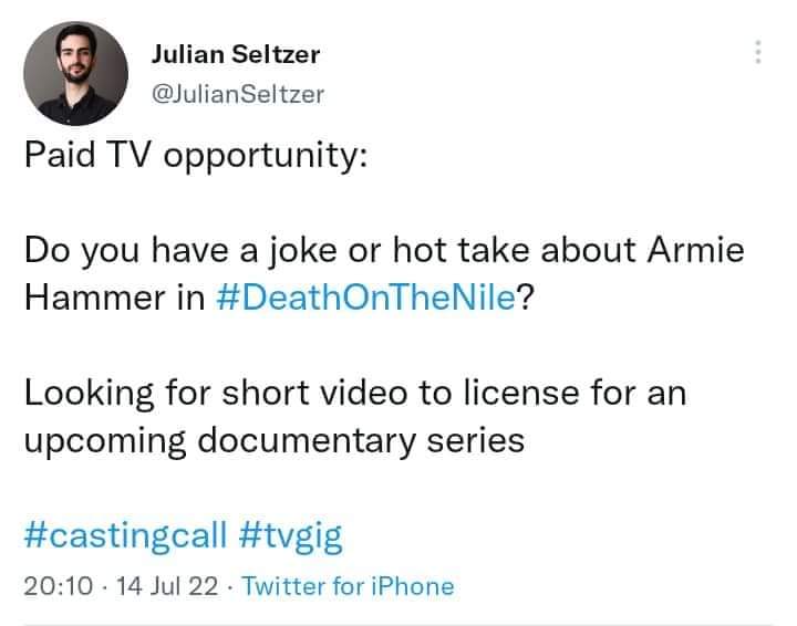 OhF_ingNo2's tweet photo. @Ginger_1982 @ShallSail @Black_Galahad The #hitpiece psudo-documentary was a whole other #shitshow of #ElizabethChamber #colluders setting up #ArmieHammer and his family.
#JulianSeltzer's ad for ppl to provide "a joke or hottake or video to license" certainly proved malicious intent on the part of everyone involved. https://t.co/iQOR1h1m54