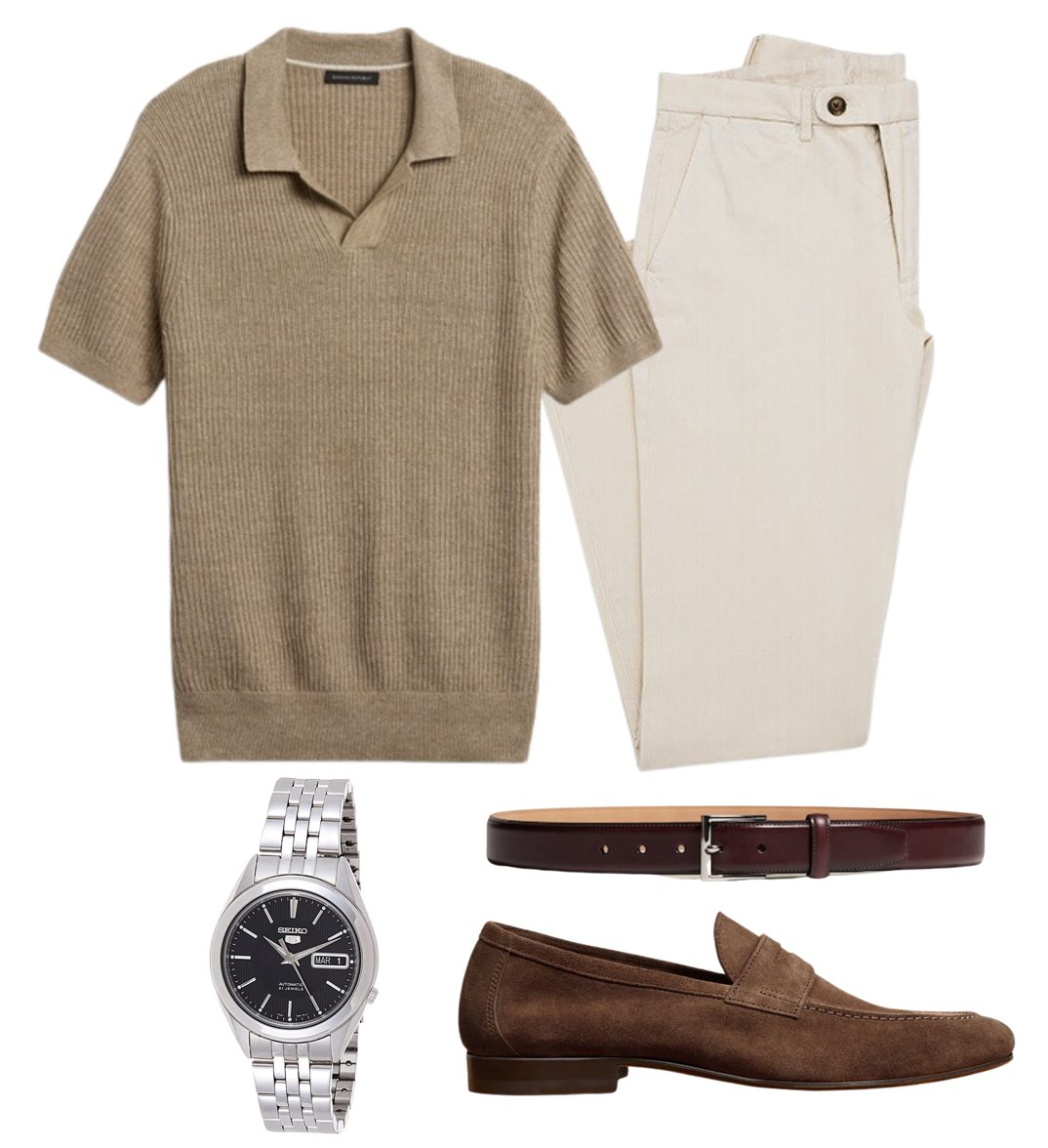 WellBuiltStyle's tweet photo. Linen-Cotton Sweater Polo in sand beige from Banana Republic: https://t.co/E9MZuJ1pmN beauty option. Paired here with some cream colored chinos and dark brown suede loafers. https://t.co/afVZTjbsJx