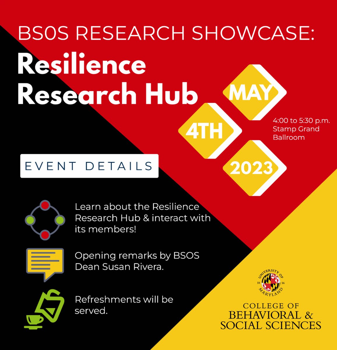 Join us today for the BSOS Research Showcase: Resilience Research Hub!
Event Date and Time:
Today (5/4) - 4:00 pm to 5:30 pm
Location:
Grand Ballroom, Adele H. Stamp Student Union
Learn More: 
bsos.umd.edu/event/bsos-res…