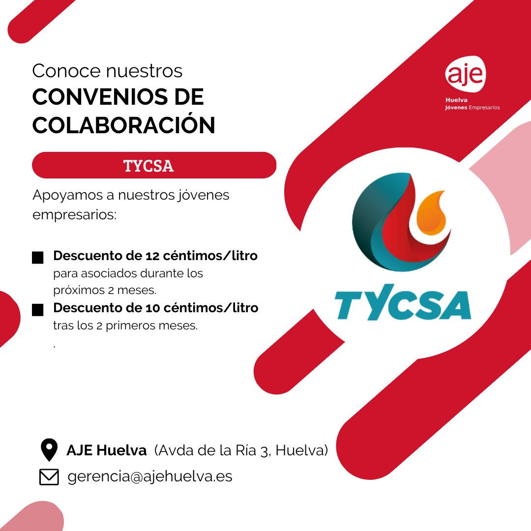 🔴 NUEVO CONVENIO 🔴
¡Ser asociado de #AJEHuelva tiene ventajas exclusivas! Como las que te ofrece Gasolineras TYCSA:
▪️Descuento de 12 ct/l durante los próximos 2 meses.
▪️Descuento de 10 ct/l permanente a partir de esos 2 meses.

¡Puedes preguntar a gerencia las condiciones!