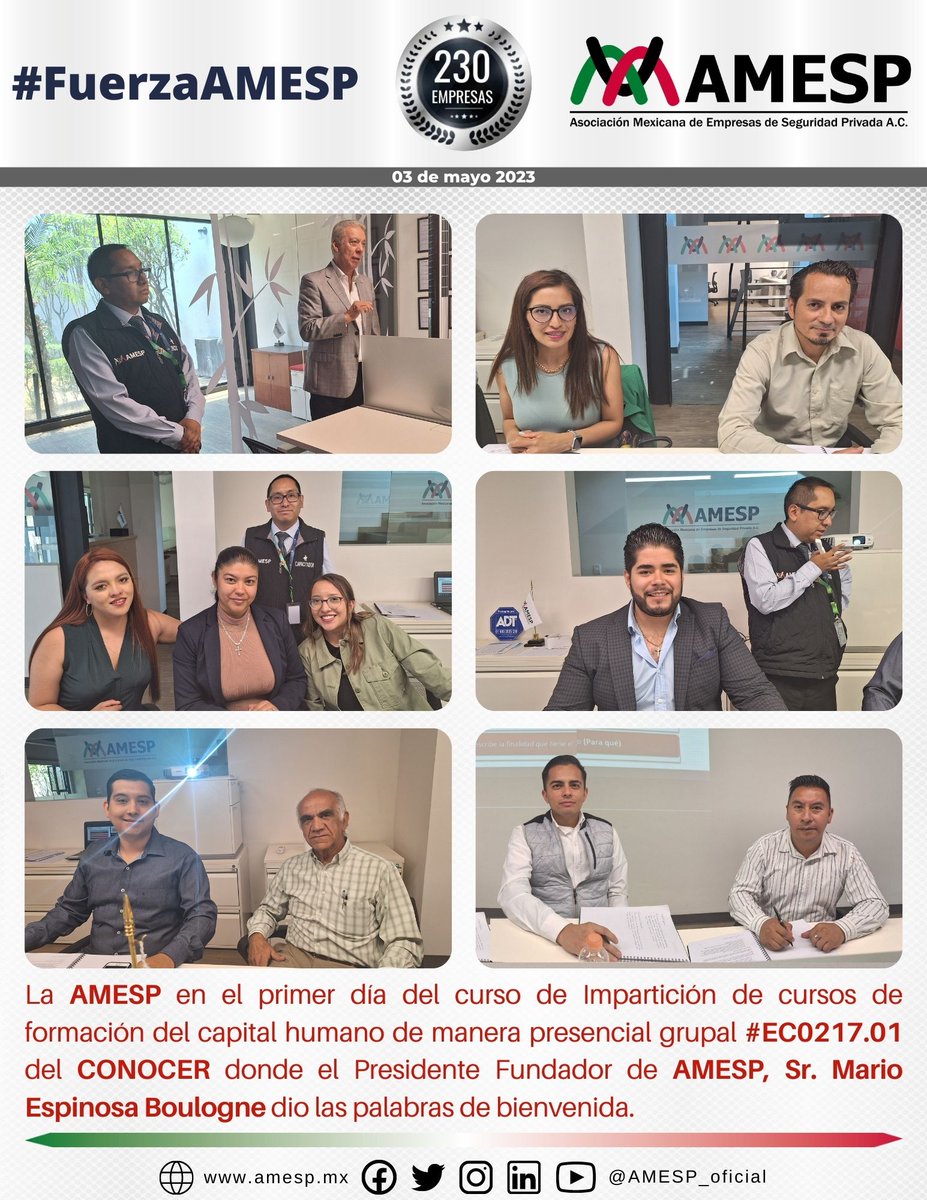 AMESP_oficial's tweet photo. El día de ayer, la #AMESP inicio el curso de #Impartición del curso #EC0217.01 del @ConocerMx
donde el Presidente Fundador de AMESP, Sr. Mario Espinosa dio las palabras de bienvenida a los integrantes de nuestras empresas asociadas;
#SoyAMESP #HablemosBienDeLaSeguridad https://t.co/POrugx5yaF