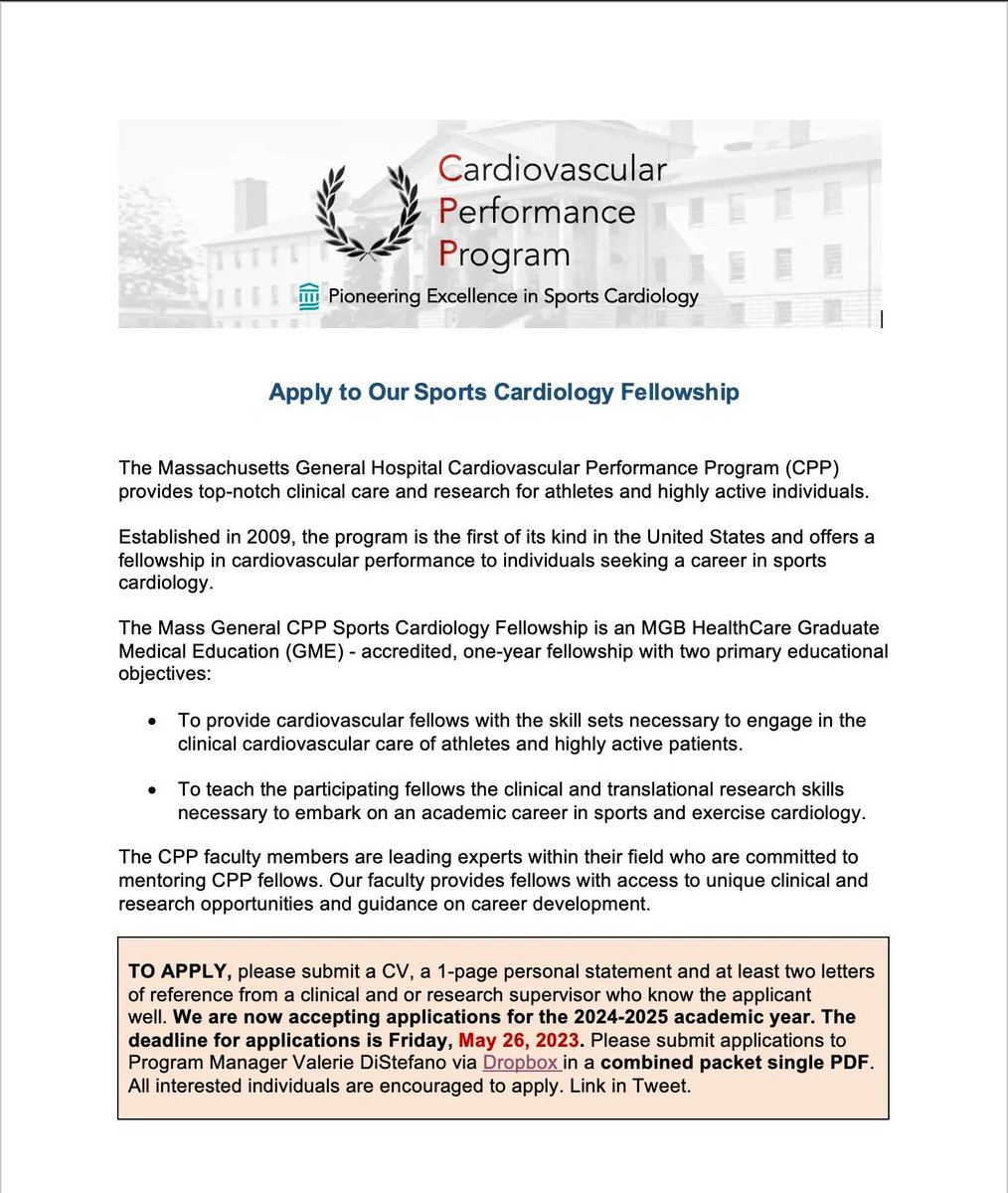 Are you interested in advanced sports cardiology training? <a href="/MGHHeartHealth/">Mass General Heart</a> is now accepting applications for our 2024-2025 CPP Sports Cardiology Fellowship program! 

Don't miss the deadline on May 26th. DM us for further details.

Apply here: buff.ly/3lZy2rV