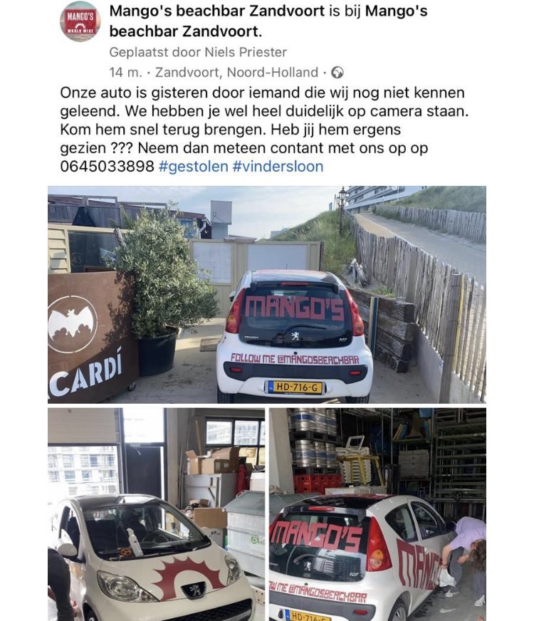 Heeft iemand de auto van beachbar #mango’s in Zandvoort gezien? Deze is sinds vandaag vermist.