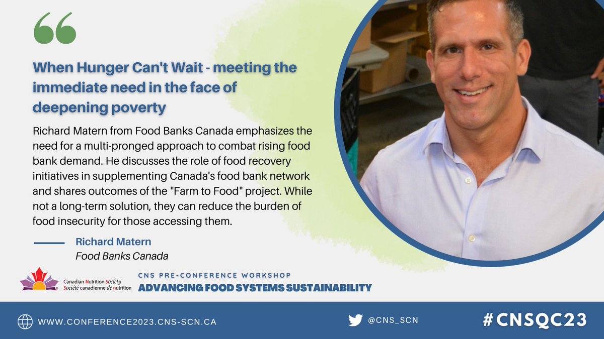 CNS_SCN's tweet image. Richard Matern from Food Banks Canada emphasizes a multi-pronged approach to combat rising food bank demand. Food recovery initiatives and the "Farm to Food" project can supplement Canada's food bank network, reducing the burden of food insecurity for those in need. #CNSQC23
