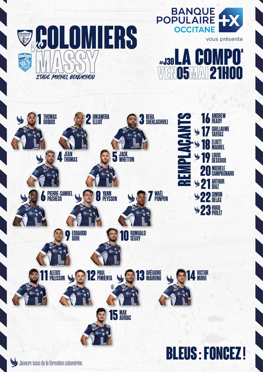 ColomiersRugby's tweet photo. 💙 𝐓𝐇𝐄 𝐋𝐀𝐒𝐓 𝐃𝐀𝐍𝐂𝐄 !

📺 Une rencontre à suivre en direct sur Rugby+ ou en live sur nos réseaux sociaux. 

#AllezColomiers 
#BleusFoncez 🔵⚪️🕊 https://t.co/8JzvLHwRZA