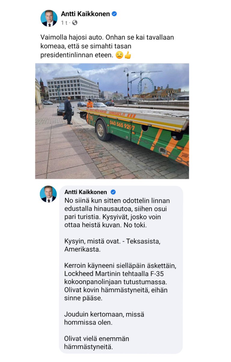 ToermaeEki's tweet photo. Mukava stoori FB:n puolelta meidän puolustusministeriltämme. Täytyy sanoa, että @anttikaikkonen on hauska ja maanläheinen tyyppi ja on hoitanut ministerinpostinsa aivan esimerkillisesti.👏 Liekö tapahtumapaikka enne, mene ja tiedä. Ei haittaisi.😊

#tekevällesattuu #kanki #tarina https://t.co/jvfIbZ5LbL