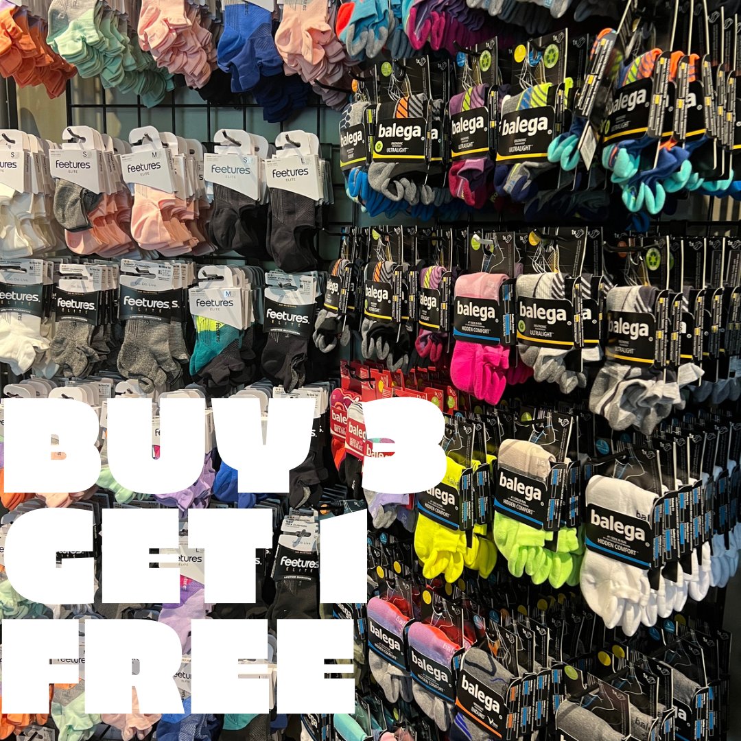 For the month of May - Buy 3, Get 1 Free on all socks!

Mother's Day is quickly approaching, and a new pair of socks (or 4) is a perfect gift for the moms in your life. Drop by the store today and let one of our Fit Specialists help you select the perfect pair!
