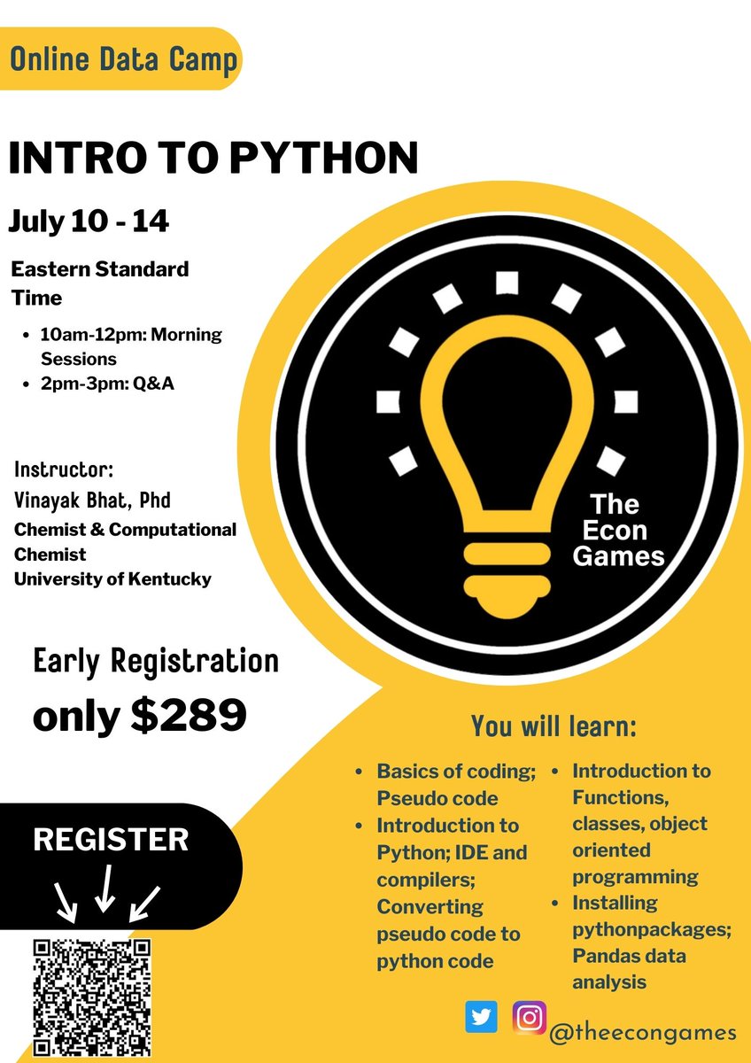 Looking to learn new skills this summer? Register for the Econ Games Intro to Python Data Camp! Our camp is designed for beginners or experienced programmers to learn the basics of Python programming and data analysis. 

Link: eventbrite.com/e/econ-games-s…