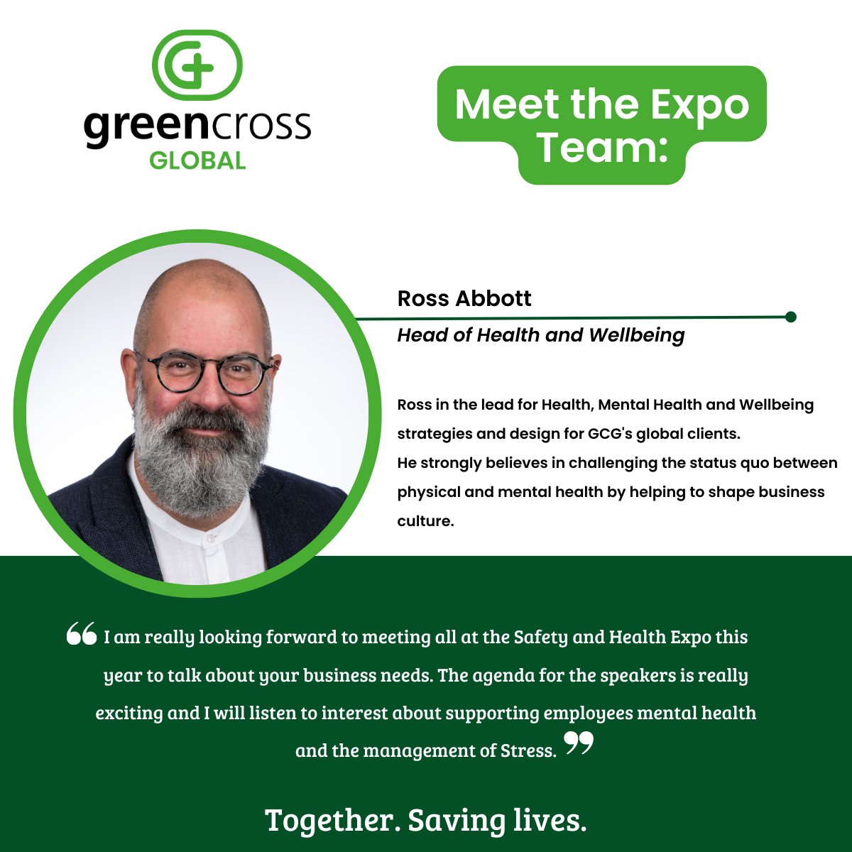 GreenCrossGBL's tweet image. We're getting closer to the #expo, so let's introduce our next team member...

Everyone meet - Ross! 💚
Ross is our Head of Health &amp;amp; Wellbeing. Grab a chat with him on stand SH.2470 at #SHE23.

Together. Saving lives.
#Consultancy #Software #Training #MentalHealth #Wellbeing