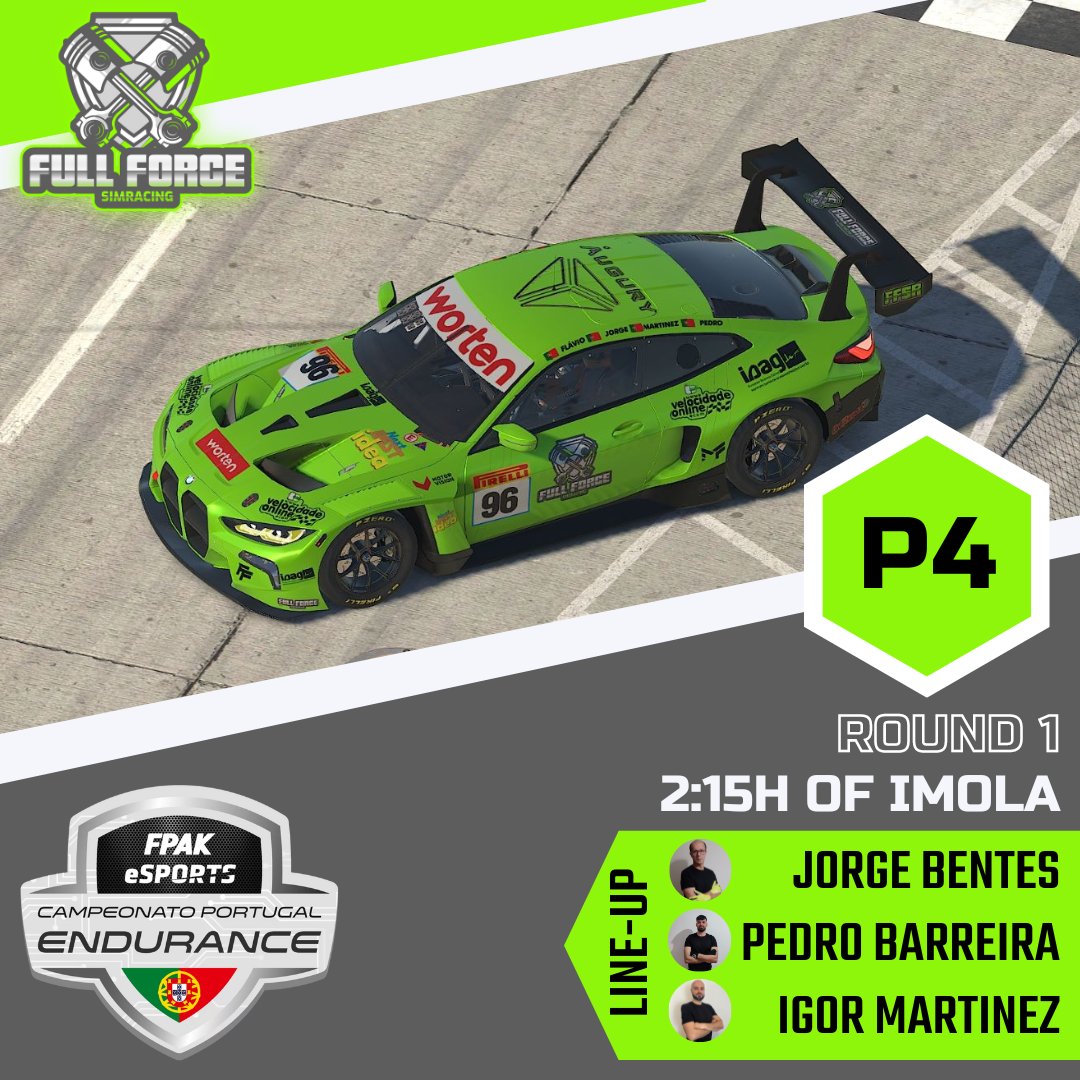 fullforceSR's tweet image. 🇵🇹 Na primeira ronda do Campeonato de Portugal Endurance Esports, a @fullforceSR conseguiu um fantástico P4 na divisão 2 da competição da @FPAK12!
🇬🇧First round of the CPEE, the team managed a fantastic P4!    

#iracing #simracing #fullforcesimracing #fpak #cpee