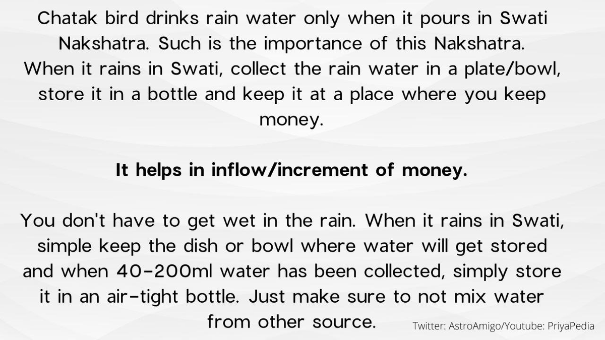 AstroAmigo's tweet photo. This tweet is for those who are unaware of the use of rainwater that pours in Swati Nakshatra.

It helps in increasing cash flow. Please refer to images. Download and save them for future.  Many people have benefitted from it.

Swati Nakshatra will be in progress from 9:35 PM today to 9:40 PM tomorrow.

Be kind to RT.