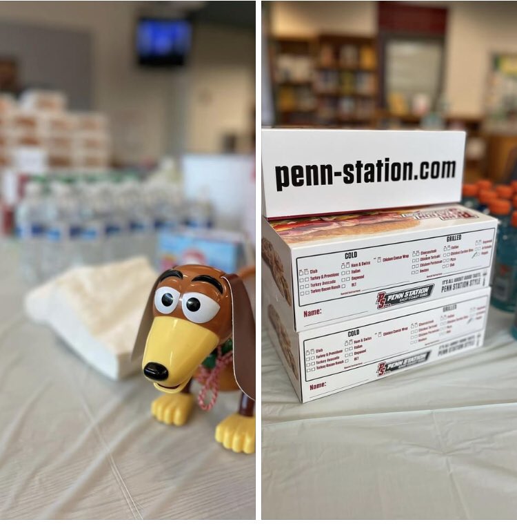 hrms_pta's tweet photo. The @HollyRidgeMS teachers are enjoying “Woody’s Lunchbox” today with Slinky Dog! Thanks to Kristi DeMars Martyn from Penn Station East Coast Subs for the delicious delivery! #TeacherAppreciation https://t.co/Q6yMvDMj24