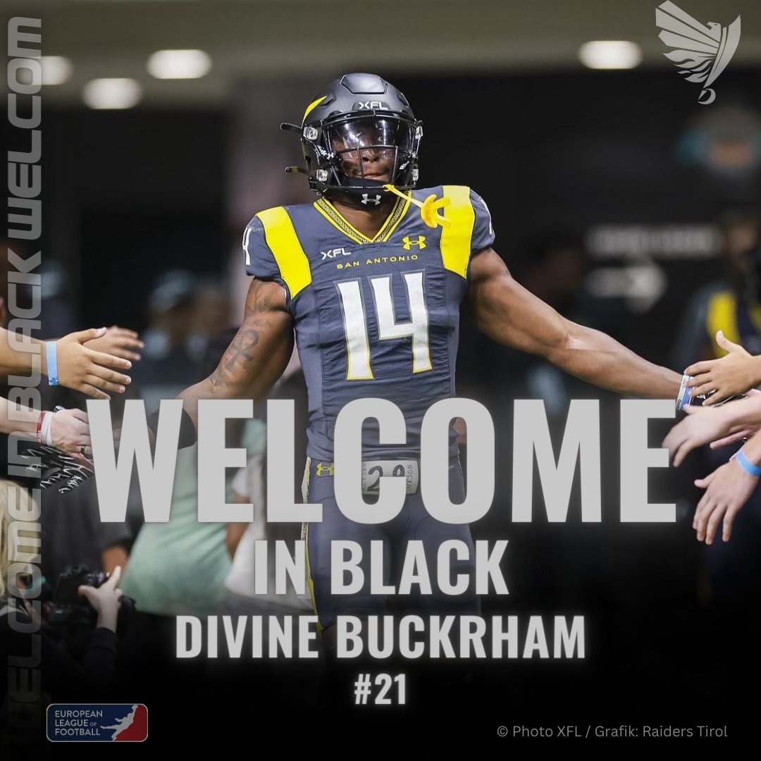 SWARCO_RAIDERS's tweet image. 👋 WELCOME IN BLACK, DIVINE BUCKRHAM!

Divine Buckrham joins the RAIDERS Tirol and is expected to strengthen the secondary of the ELF team. The 23-year-old US-American could already gain experience in Europe last year 

➡️ Read more on our homepage

#WeAreRaiders #WeAreEurope
