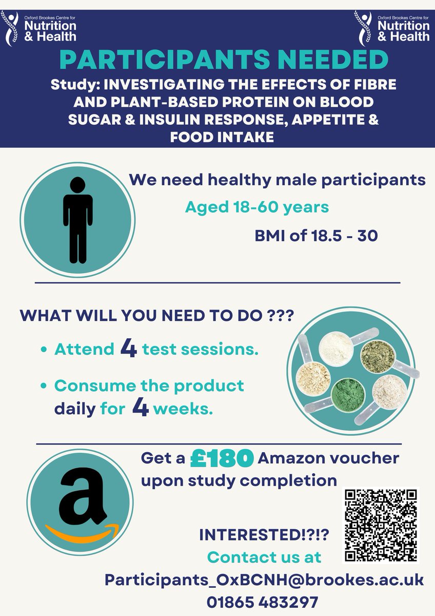 Do you want £180 amazon voucher? Do you want to help with Nutrition research? Can you come to Oxford Brookes for in-person testing?

#nutritionalresearch #amazonvouchers #inpersontesting #oxfordshire