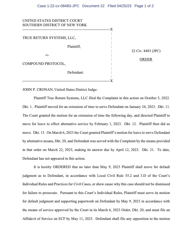 InventFi's tweet photo. @compoundfinance Please see the Court Order dated April 25, 2023 in True Return Systems, LLC v. Compound Protocol, No. 22-cv-08483 (S.D.N.Y. filed Oct. 5, 2022). https://t.co/b7J0gBGhqD