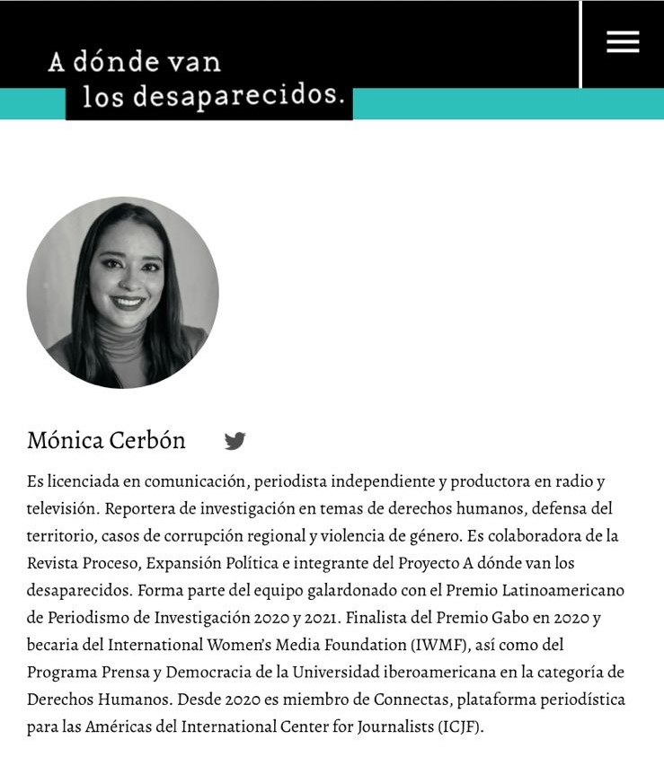 Ibero Comunicación (@comunicacionuia) on Twitter photo Mónica Cerbón ex- becaria del programa <a href="/ProgramaPrende/">Ibero|PRENDE</a> recibió mención especial en el premio #BreachValdez en la categoría Derechos Humanos por su trabajo “Zacatecas: el nuevo epicentro de las desapariciones” ¡Enhorabuena Mónica! Mónica Cerbón ex- becaria del programa <a href="/ProgramaPrende/">Ibero|PRENDE</a> recibió mención especial en el premio #BreachValdez en la categoría Derechos Humanos por su trabajo “Zacatecas: el nuevo epicentro de las desapariciones” ¡Enhorabuena Mónica!