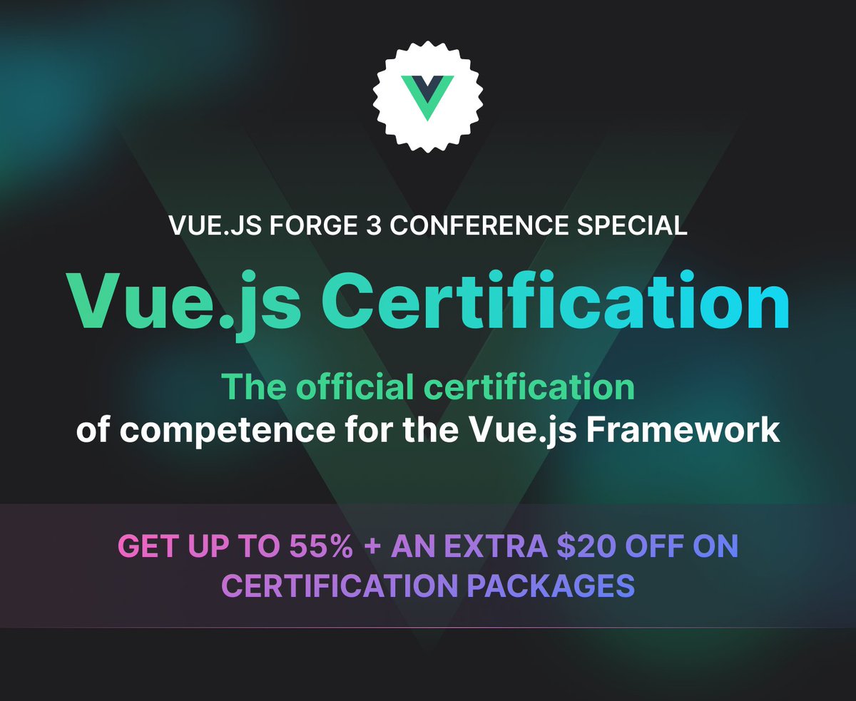 CertificatesDev's tweet image. The @vuejsforge conference offer ends in a few hours.
Pre-order now and get:
- Up to 55% off Vue.js Certification
- An extra $20 OFF for the first 100 people
Use the coupon code VF3SPECIAL on checkout.
certification.vuejs.org
#Vuejs #vuejscertification