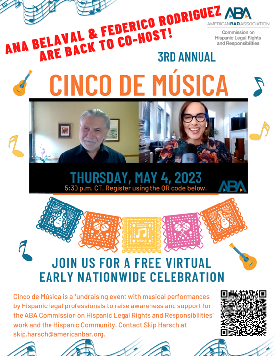 ABADiversity's tweet photo. There is still time to Register Now for the virtual extravaganza known as the 3rd Annual ABA Cinco De Música taking place today from 5:30-7pm CT. All to raise awareness and support for the work of the @Hispanic_Legal.

Register here: https://t.co/6439STpdj6 https://t.co/m5GCjkFD8y