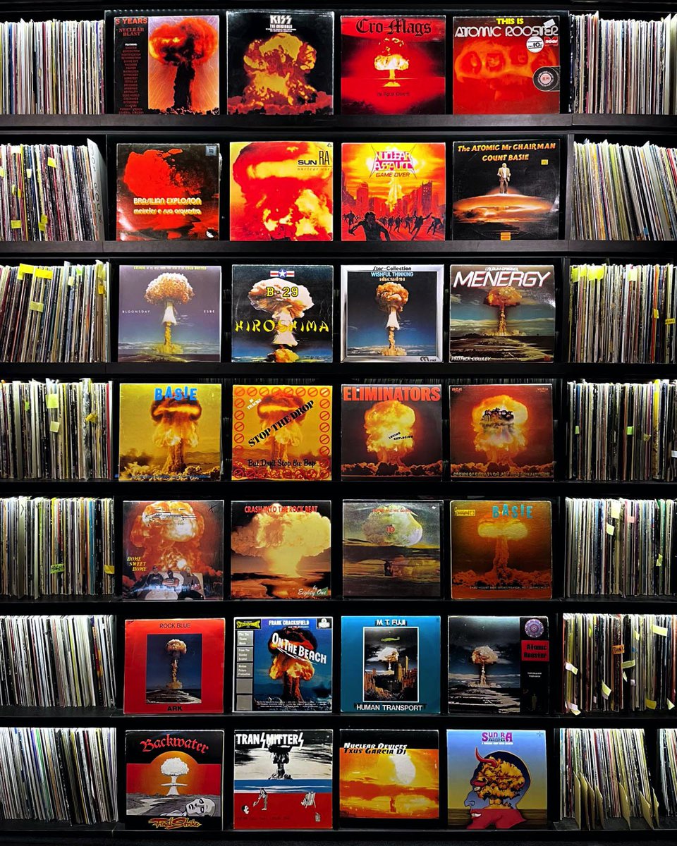 This week’s weather: mushroom cloudy. The atomic wall at the @deeweestudio vinyl library. Climactic change is what we need. #did #we #miss #anyone #of #your #favourite #apocalypses