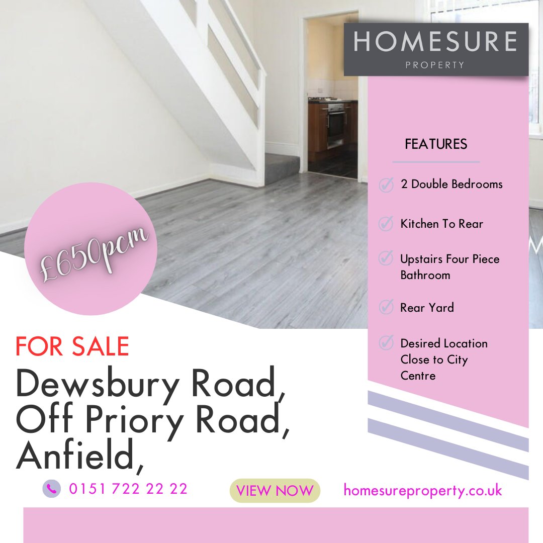 ⏰⏰⏰ NEW PROPERTY TO LET ! ⏰⏰⏰ 📍 Dewsbury Road, Off Priory Road, Anfield, 💵 £650 pcm / £150pw 🛏️ 2x Bedrooms 🛁1x Bathroom 🏠 Terraced House rightmove.co.uk/properties/133…