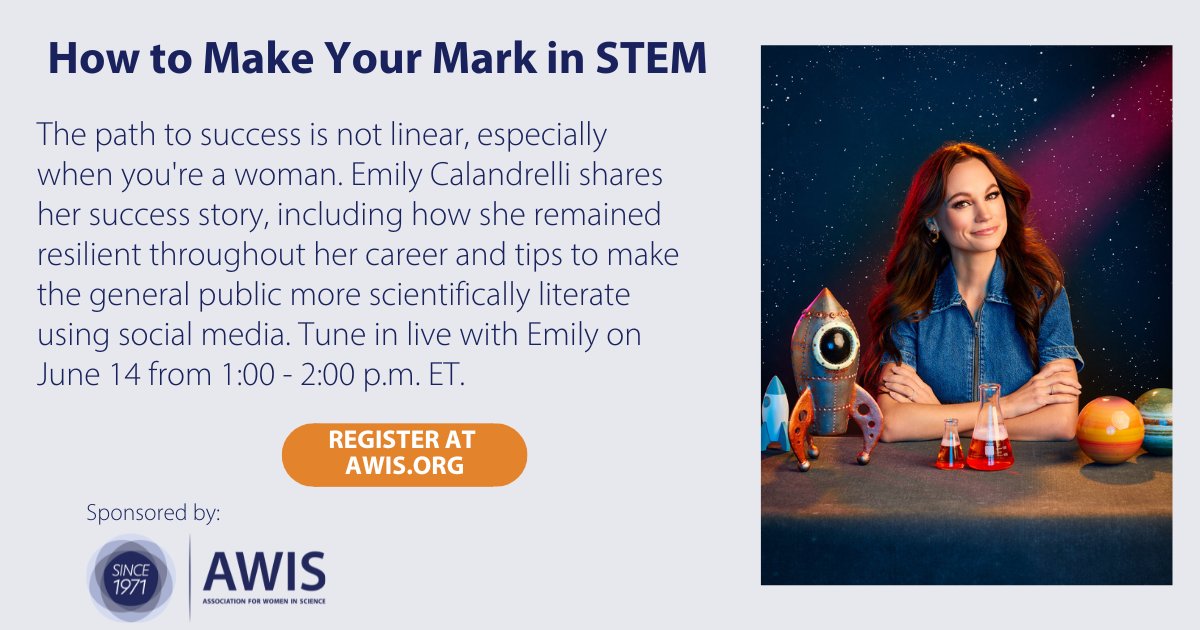 It’s hard to pursue a career in #STEM, especially with the added roadblocks that disproportionately affect women. Join @TheSpaceGal June 14 at 1pm ET for How to Make Your Mark in STEM. Emily will how she has remained resilient throughout her career. awis.org/whats-next-web…