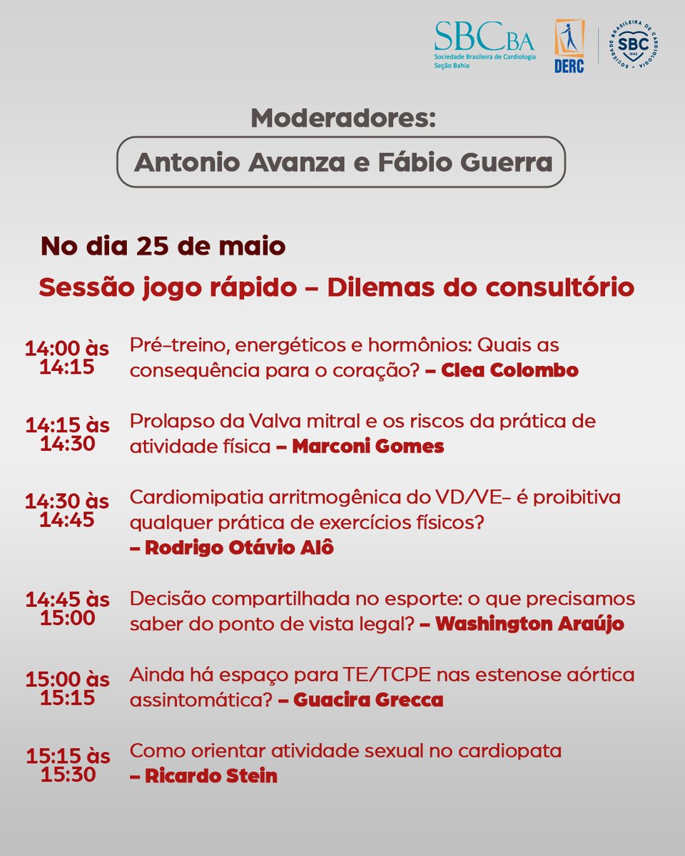 DercSbc's tweet photo. Venha acompanhar conosco a programação do XXIX Congresso Nacional do DERC e no 35º Congresso de Cardiologia do Estado da Bahia! Nossos especialistas trarão novidades e discussões enriquecedoras sobre a área. 

Não perca essa oportunidade! Estamos ansiosos para te ver lá! https://t.co/cKLQiTBXnd
