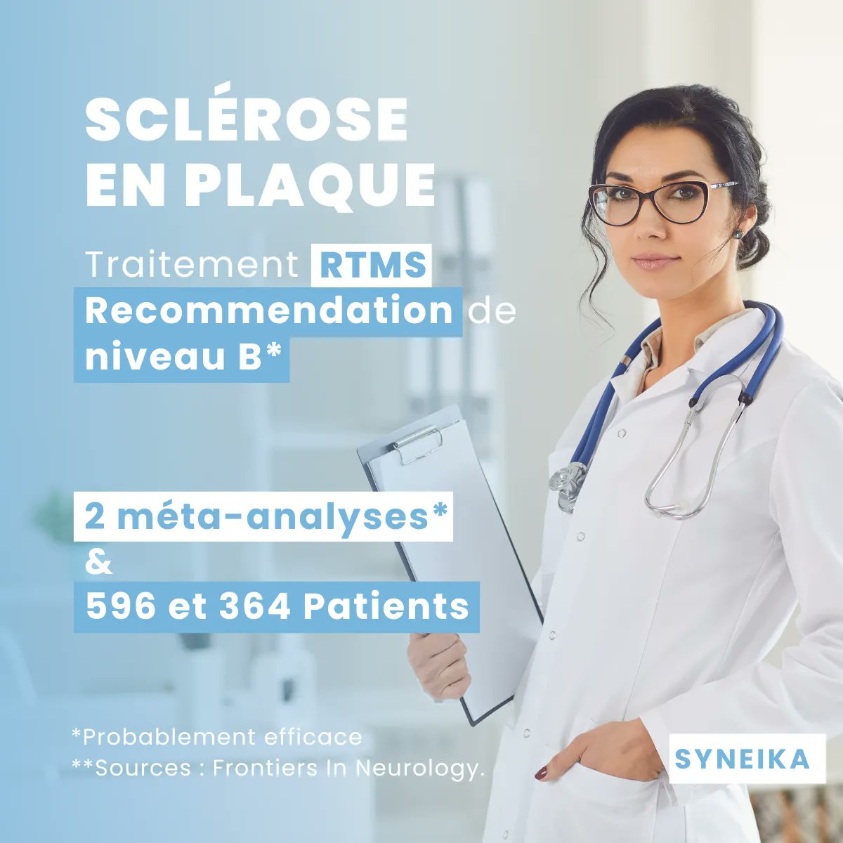 SYNEIKA's tweet photo. Depuis 2020, la #rTMS fait l'objet d'un recommandation de niveau B (efficacité probable) dans le traitement de la spasticité du membre inférieur dans le contexte d'une SEP (https://t.co/MFkFWJCLto) https://t.co/EmiNmg7HRC