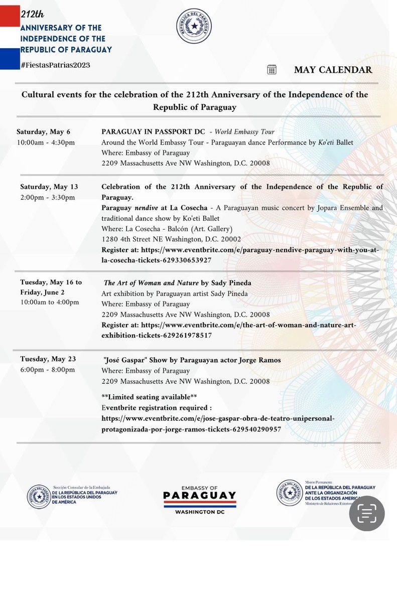 PARAGUAYinUSA's tweet photo. 🎉🎉🎉🎈🎈🎈🇵🇾🇵🇾🇵🇾🗓️🗓️🗓️

M A Y   C A L E N D A R 

Every May 14 and 15, Paraguay commemorates its independence. We decided to make it a month-long celebration!

Join us and the Permanent Mission of Paraguay to the OAS in the various activities planned for this month! 👇🏻 https://t.co/3dbux7QK6e
