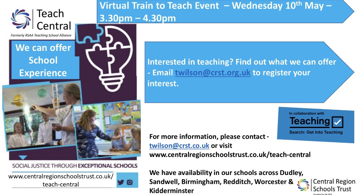 TeachCentral's tweet image. Interested in teaching? Join our growing cohort and become great teachers, making a real difference to our students outcomes, we can also offer school experience,have a look at what we offer youtu.be/4eB0wRVQvE4 @CRSTrust #getintoteaching #traintoteach