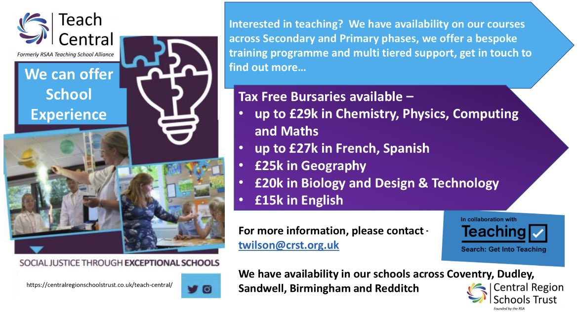 TeachCentral's tweet image. Interested in teaching? Join our growing cohort and become great teachers, making a real difference to our students outcomes, we can also offer school experience,have a look at what we offer youtu.be/4eB0wRVQvE4 @CRSTrust #getintoteaching #traintoteach