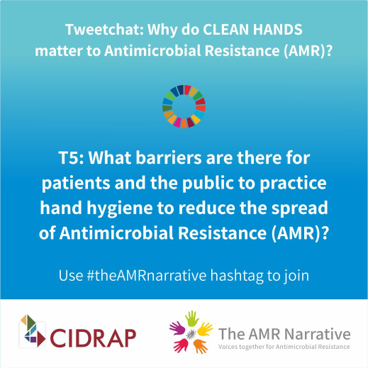 theAMRnarrative's tweet photo. T5: What barriers are there for patients and the public to practice hand hygiene to reduce the spread of Antimicrobial Resistance (AMR?) 

#theAMRnarrative

#AMR #HandHygieneDay #WorldHandHygieneDay #WorldHandHygieneDay2023 https://t.co/h6K5edNx5a