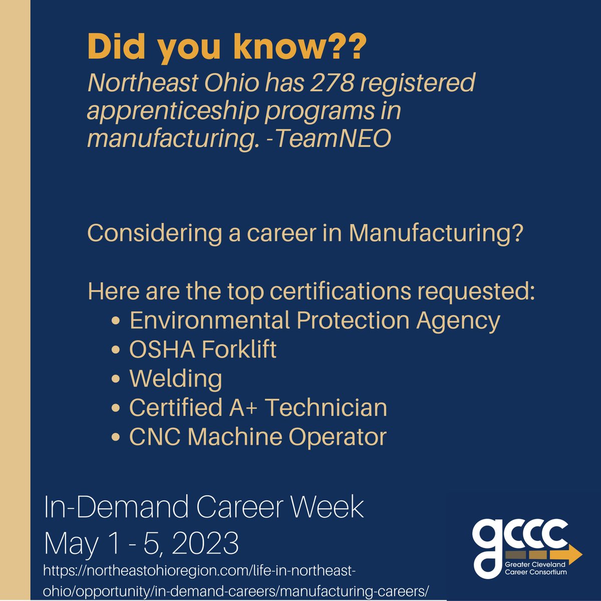 There isn't just one education option that leads to success in #manufacturing. Have you considered an apprenticeship?
According to @TeamNEO there are 278 #NortheastOhio.
Visit ow.ly/urk850O4lYj to explore and learn about top careers in manufacturing. 
#indemandjobsweek