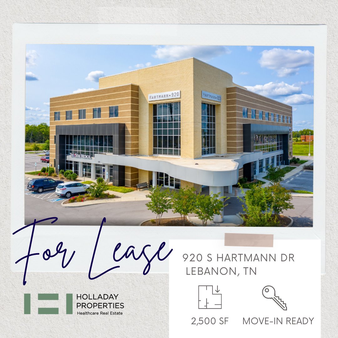 Move-in ready medical suite is available NOW at 920 S Hartmann Drive in Lebanon, TN! It won't last long! 
ow.ly/QUry50NL1i4

▶️ Timeshare space available!
▶️ One suite available at 2,500 SF
▶️ Class A medical office built in 2019
▶️ Great location convenient to I-40