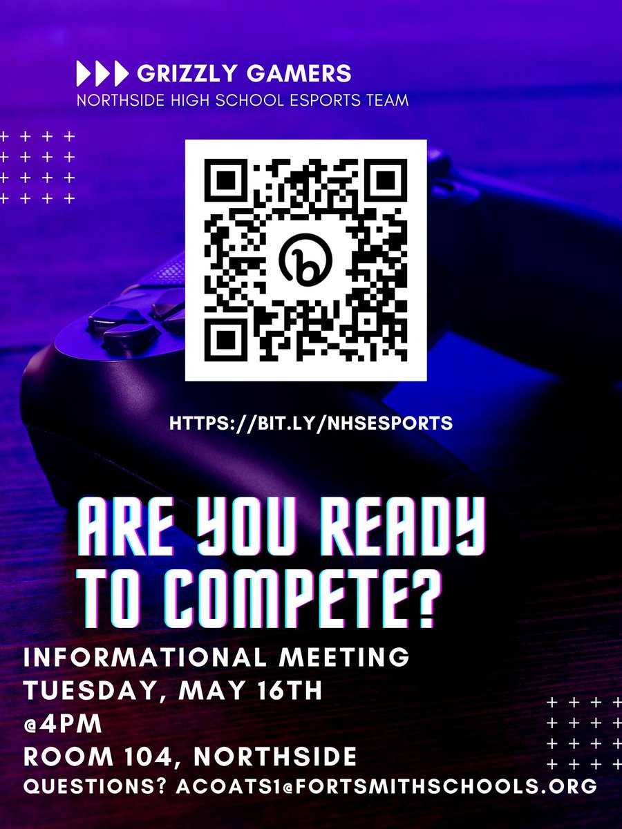 Interested in joining our team next year? Fill out this form, bit.ly/NHSEsports, and make plans to meet at Northside on May 16th. 
Can't make the meeting, email Mrs. Coats for more information.  <a href="/GrizzliesNHS/">Ft Smith Northside</a> <a href="/fsps_aa/">FSPS Athletics & Activities</a> <a href="/FSSchools/">Fort Smith Public Schools</a>