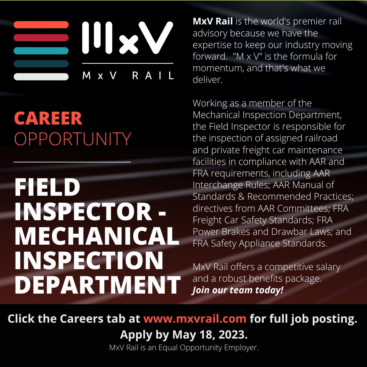 Join our team and apply today! We’re seeking a Field Inspector to join our Mechanical Inspection Department <a href="/WeAreMxVRail/">MxV Rail</a>. The deadline to apply is May 18! #hiringnow #wearemxvrail #careeropportunities ow.ly/GMrI50LksPm