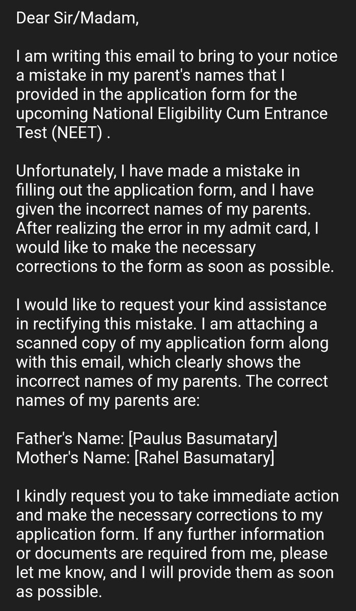 hubert__bty003's tweet photo. Correction of parent's names
@DG_NTA
#NEET #NEETUG #NEETUG2023
#neetcorrection #NEETAdmitcard #NEET2023AdmitCard https://t.co/sNYDrqVDdz