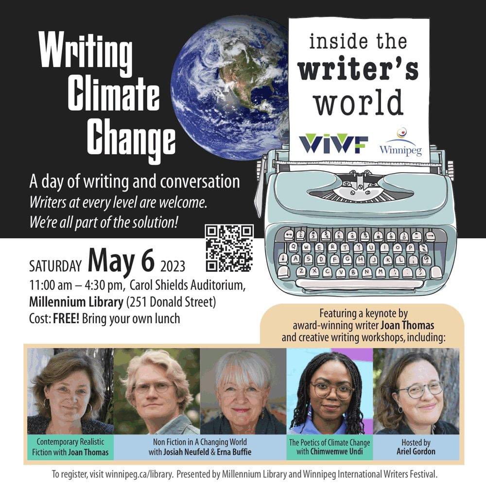 JaneDayReader's tweet photo. Hi Winnipeg people! Writing Climate Change, the free creative writing workshop being offered by WIWF and WPL, is THIS SATURDAY. See you there? https://t.co/iCvTIO7qku